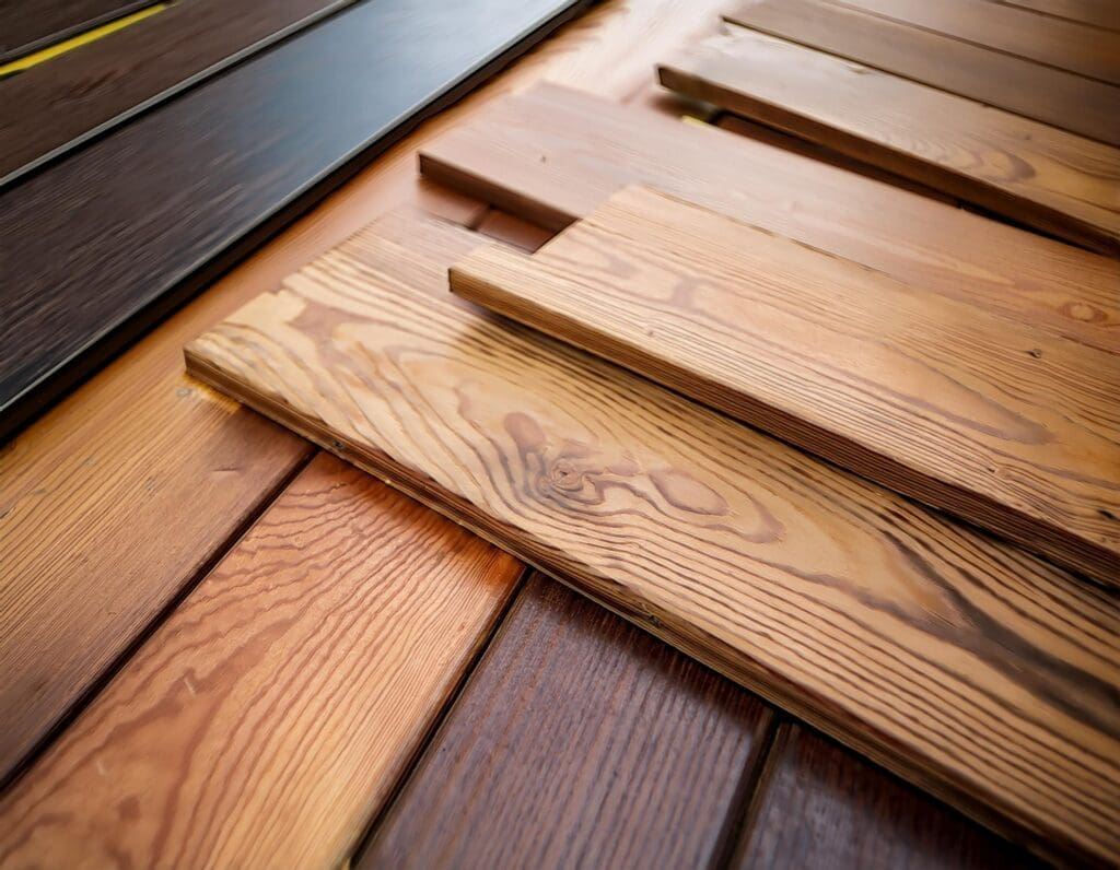 Close-up of cedar decking boards and composite deck samples. J Kidd Construction