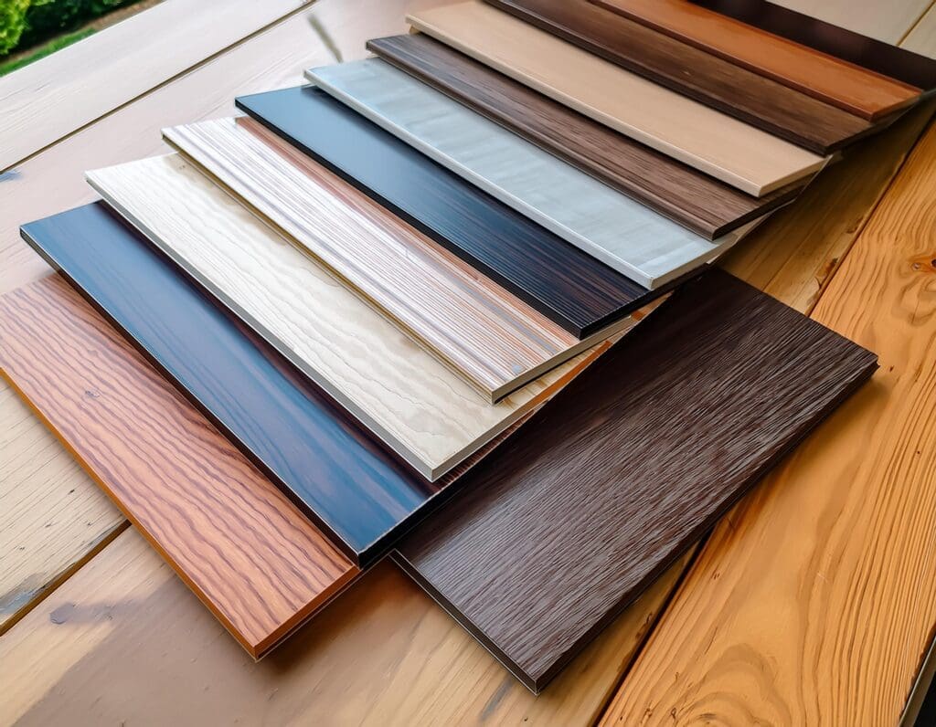 Swatches of different siding materials: vinyl, fiber cement, and wood samples. J Kidd Construction