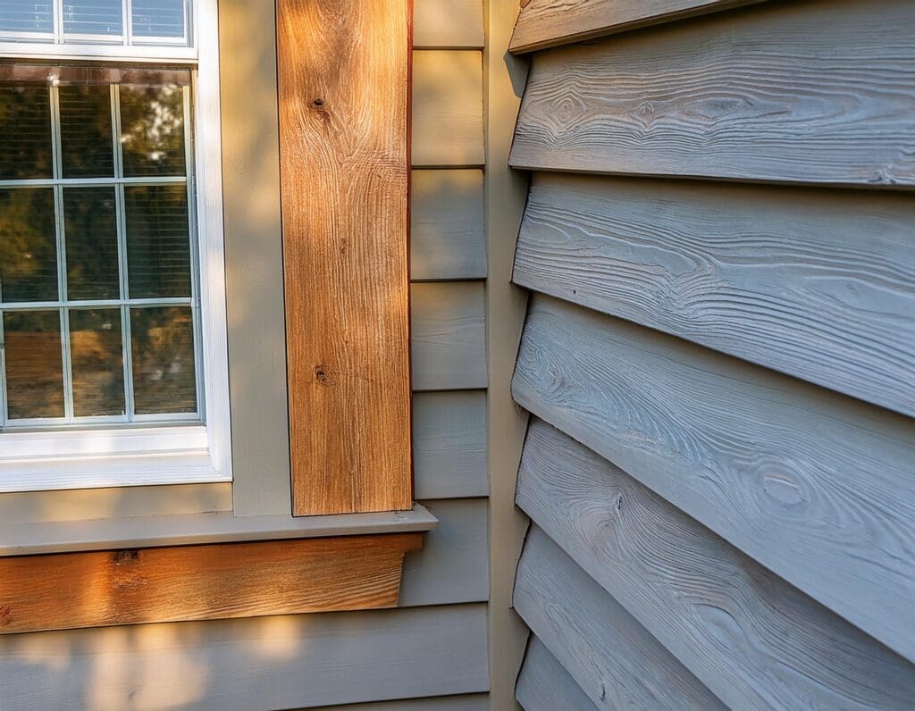 A detailed view of decorative trim and molding around a window on a newly sided home. J Kidd Construction