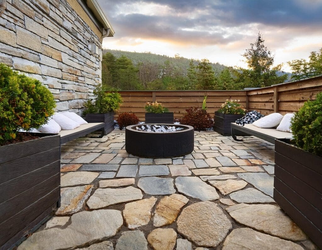 A newly installed stone patio with a fire pit and comfortable outdoor chairs. J Kidd Construction